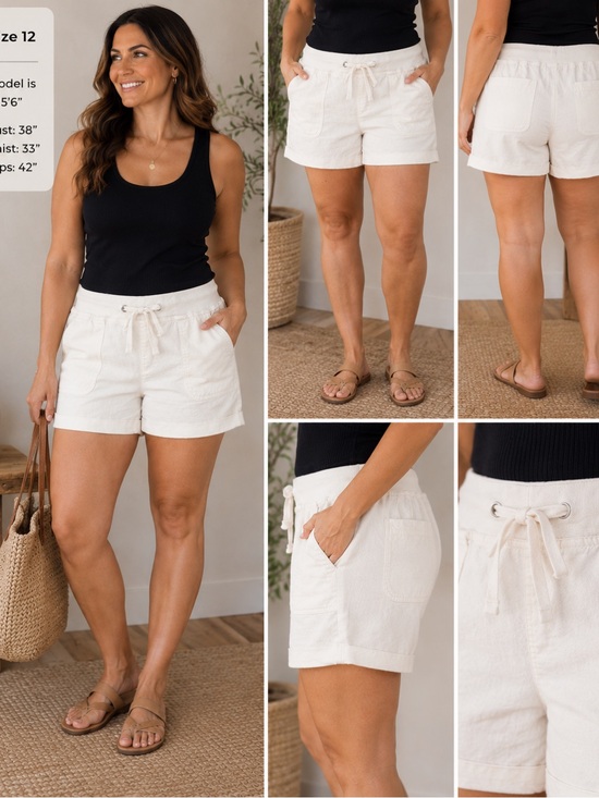 Per Se Pants - Per Se Off White High-Waist Drawstring Linen-Blend Shorts